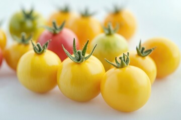 Poster - Fresh yellow and red tomatoes arranged on a clean white surface