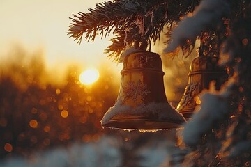 Poster - Golden bells on snowy tree branch at sunset, winter wonderland scene, Christmas card