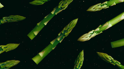 Poster - Floating asparagus spears on dark background - culinary and nature theme for creative design