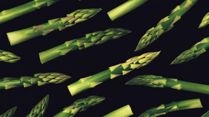 Poster - Floating asparagus spears on dark background for healthy eating patterns and vegan design concepts