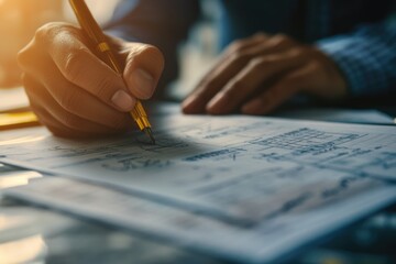 Poster - A person sitting and writing on a piece of paper with a pencil, focusing on the task at hand