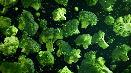 Poster - Surreal floating broccoli scene on dark background for healthy eating and design