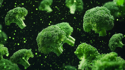 Aufkleber - Floating broccoli florets against dark background for healthy food and nutrition design