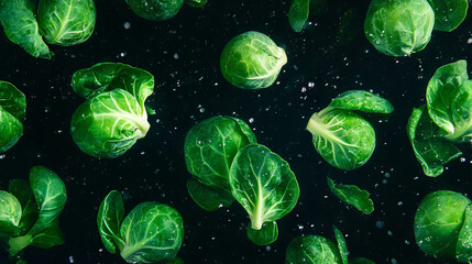 Aufkleber - Vibrant floating brussels sprouts on dark background for fresh food design