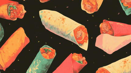 Aufkleber - Floating burritos pattern with colorful wrapped shapes for food design