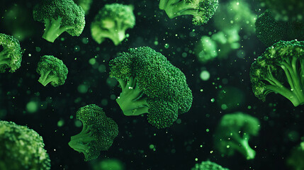 Aufkleber - Floating broccoli florets on dark green background for healthy food design