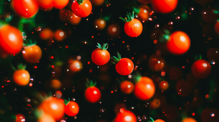 Aufkleber - Dynamic floating cherry tomatoes on dark background for food design