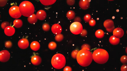 Aufkleber - Vibrant floating cherry tomatoes on dark background for food design