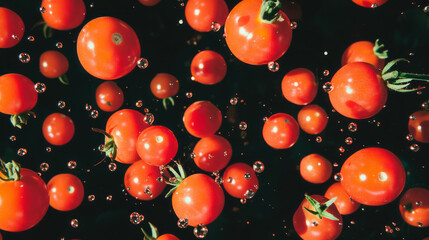 Aufkleber - Vibrant floating cherry tomatoes on dark background for creative design