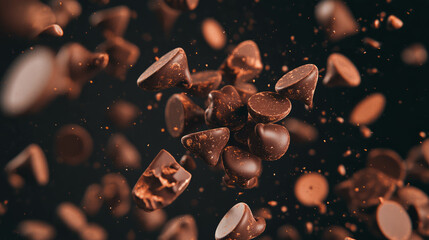 Poster - Delicious floating chocolate chips background for confectionery design