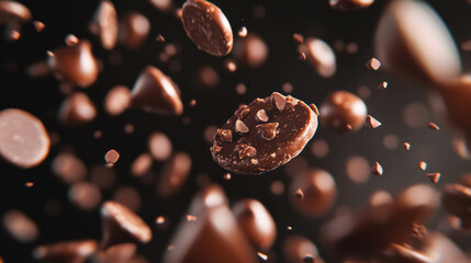 Poster - Floating chocolate chips and dark chocolate background for dessert design
