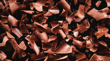 Poster - Chocolate shavings on dark background for dessert design and confectionery arts