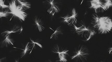 Poster - Floating dandelion seeds on dark background for nature and tranquility designs