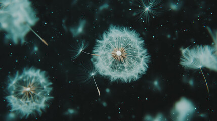 Aufkleber - Serene nature background with floating dandelion seeds for relaxation theme