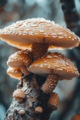 Poster - A cluster of mushrooms perched on the edge of a tree branch, offering a unique and whimsical sight