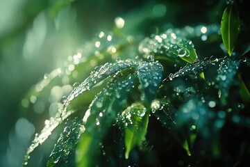 Poster - Close-up view of a plant with water droplets glistening on its leaves