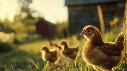 Aufkleber - A group of chickens roaming freely on a green grass field, perfect for agriculture or farm-related concepts