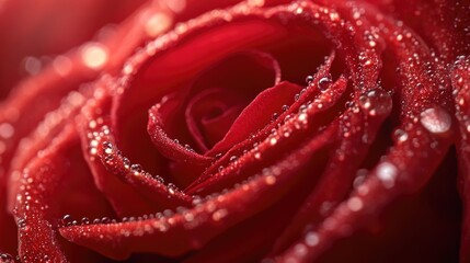 Poster - A close-up view of a red rose with tiny water droplets on its petals