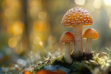 Poster - Lush green forest with various species of mushrooms growing on the surface
