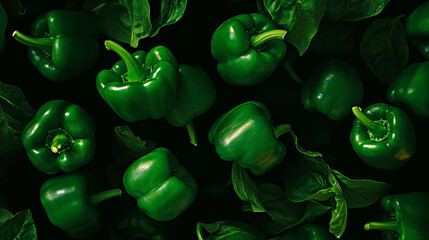 Aufkleber - Vibrant green bell peppers floating on dark background for creative design
