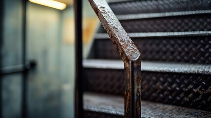 Poster - A close-up shot of a set of stairs with wooden steps and banister