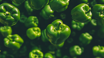 Aufkleber - Floating green bell peppers on dark background for organic food design