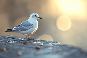 Poster - A single white and gray bird stands on a rock, looking out at the landscape