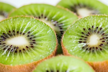 Poster - A close-up of fresh kiwi slices arranged on a plate, perfect for food photography or marketing materials
