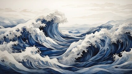 a watercolor painting of a large wave crashing into the shoreline in the ocean