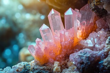 Poster - A cluster of pink crystals sits atop a rocky surface, perfect for decorative or scientific use