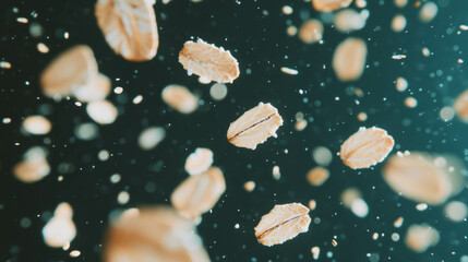Aufkleber - Floating oat flakes with light beige background for healthy nutrition concepts