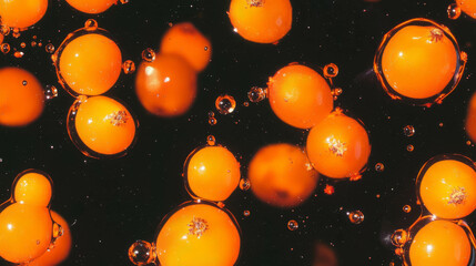 Poster - Vibrant floating orange sea buckthorn berries on dark background