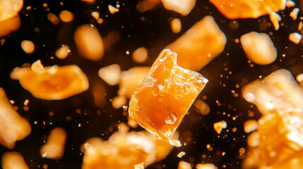 Poster - Floating peanut brittle pieces on dark background for sweet treat concept design