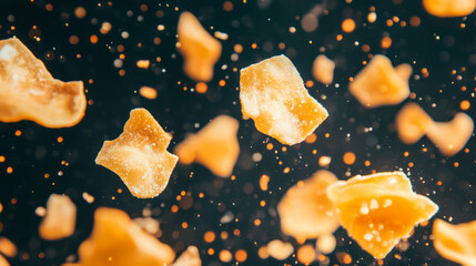 Poster - Floating peanut brittle pieces in motion on dark background for creative design