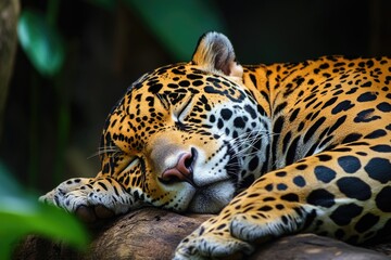 Poster - A close-up view of a leopard relaxing on a log, its fur blending with the surrounding environment