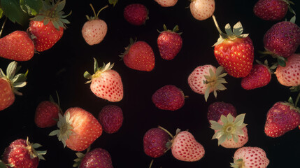 Poster - Vibrant floating pink and red wild strawberries on dark background for fresh summer design
