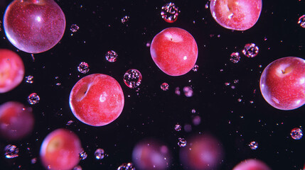 Poster - Floating plums on dark purple background with sparkling bubbles for creative design