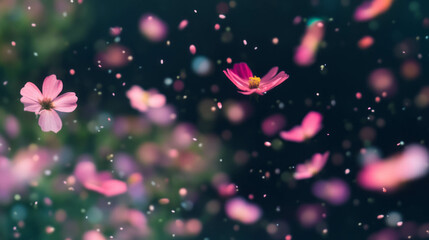 Poster - Serene floral background with floating pollen and soft blurred movement for nature-themed designs