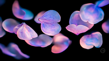 Poster - Floating purple lilac petals on black background for elegant floral designs