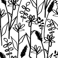 bohemian seamless pattern with abstract hand drawn flowers and leaves. minimalist linear botanical b
