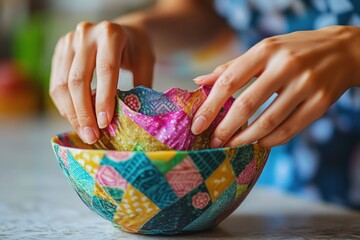 Poster - A person carefully placing a piece of fabric into a bowl