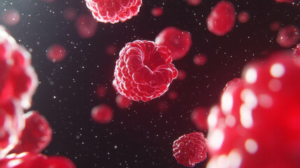 Aufkleber - Floating red raspberries in bright background for fresh summer design