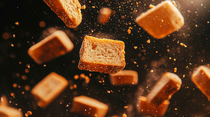 Aufkleber - Floating rye bread crumbs in artistic dark background for culinary design