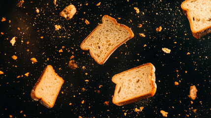 Aufkleber - Floating rye bread crumbs with dark background for food concept design