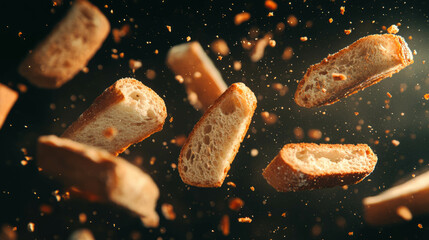 Poster - Floating rye bread crumbs background for culinary designs and food art