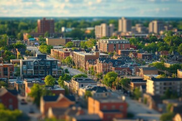 Wall Mural - Urban landscape with tall buildings, streets, and city life