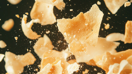Poster - Floating wafer crumbs on light beige background for culinary design and texture concepts