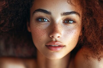 Wall Mural - Close-up of a woman's face with freckles, ideal for beauty or lifestyle photography