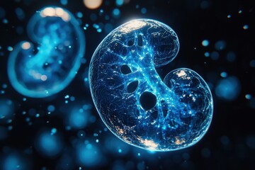 Poster - Blue holographic representation of a human organ glowing with science themes