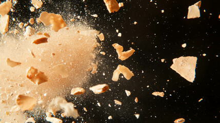 Poster - Floating wafer crumbs on dark background for dessert design